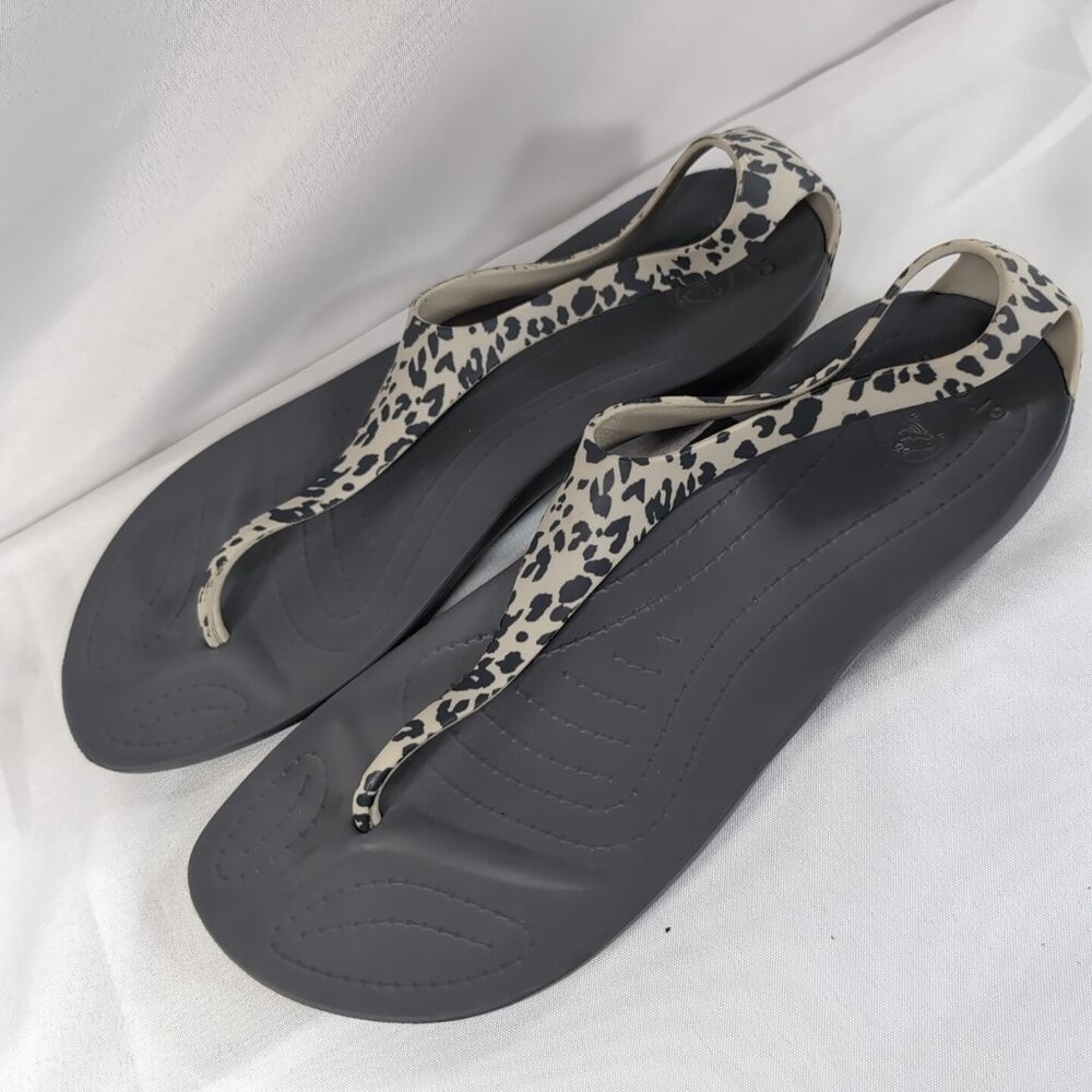 Crocs Serena Sexi Grey Cheetah Animal Print Sandals Thong Flip Flops 203218 T 10
